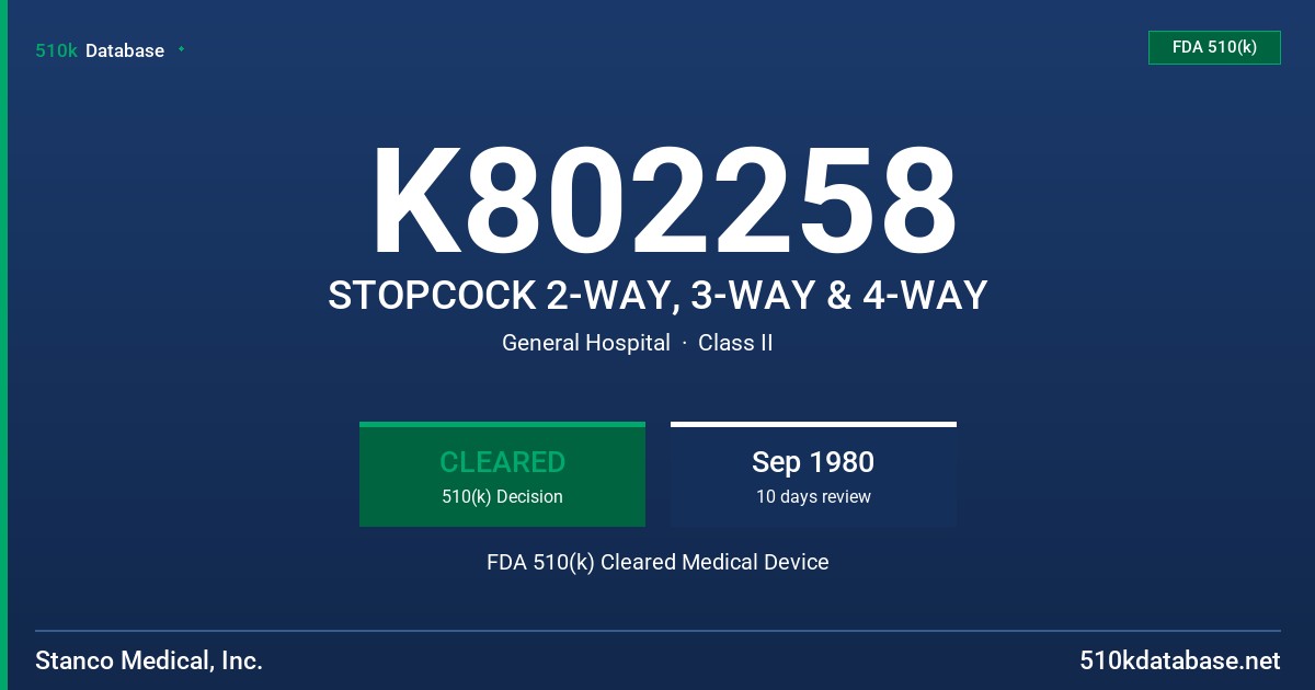 K802258 STOPCOCK 2-WAY, 3-WAY & 4-WAY FDA 510(k) Cleared Medical Device