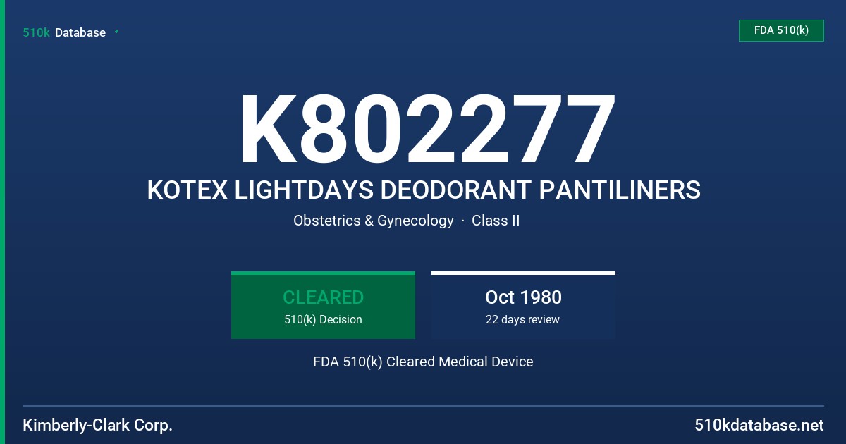 K802277 KOTEX LIGHTDAYS DEODORANT PANTILINERS FDA 510(k) Cleared Medical Device
