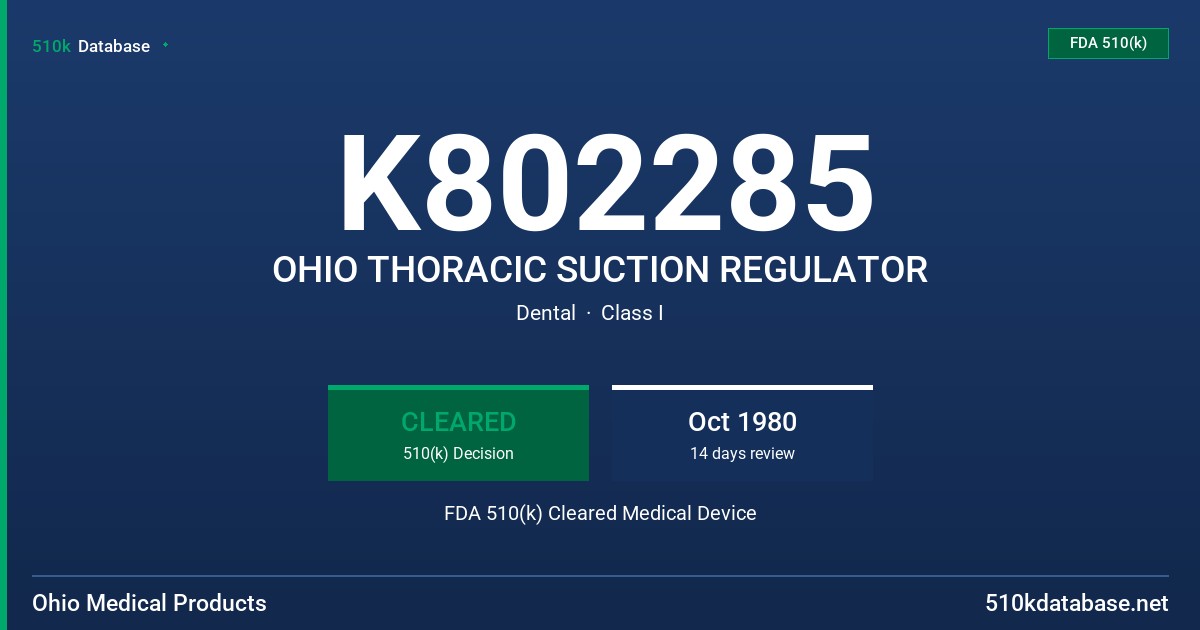 K802285 OHIO THORACIC SUCTION REGULATOR FDA 510(k) Cleared Medical Device