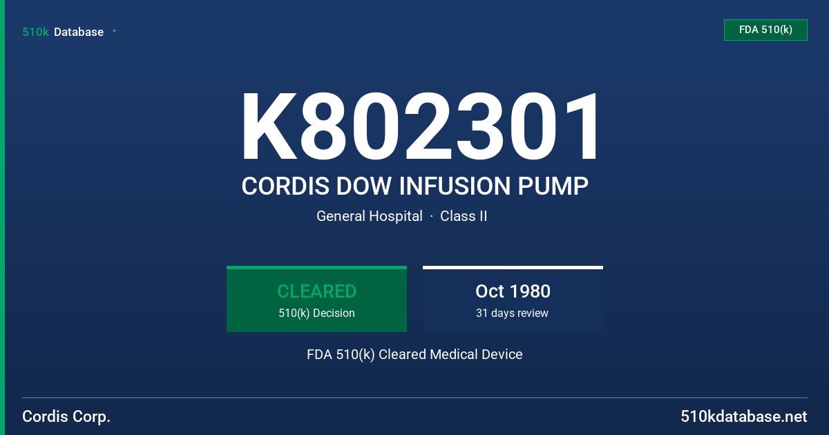 K802301 CORDIS DOW INFUSION PUMP FDA 510(k) Cleared Medical Device