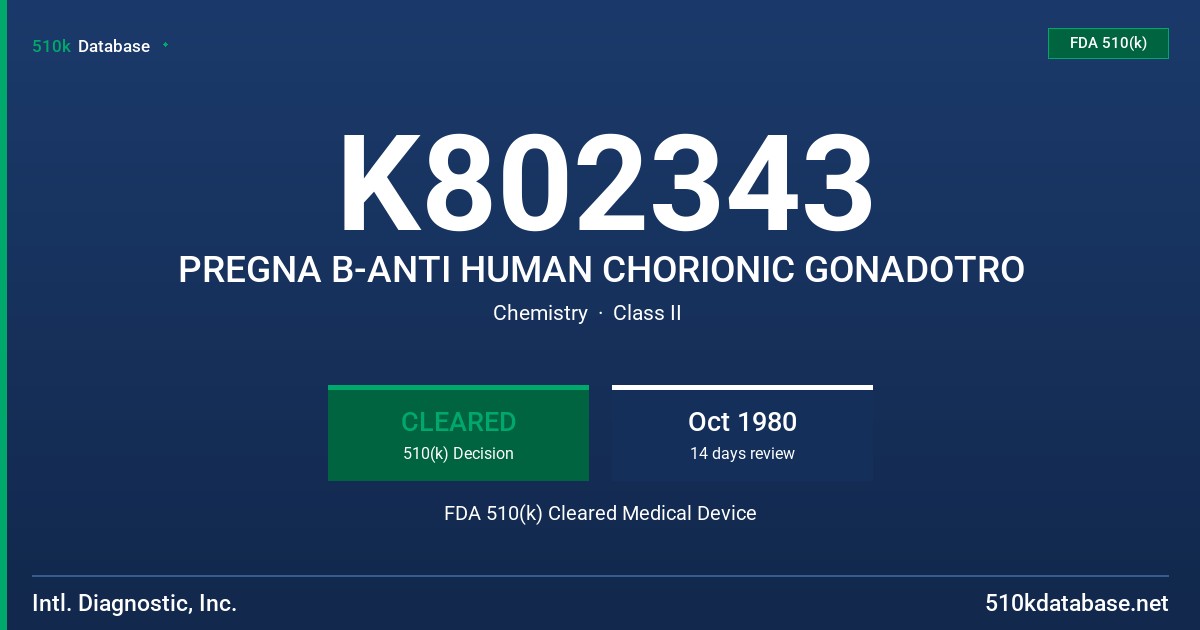 K802343 PREGNA B-ANTI HUMAN CHORIONIC GONADOTRO FDA 510(k) Cleared Medical Device