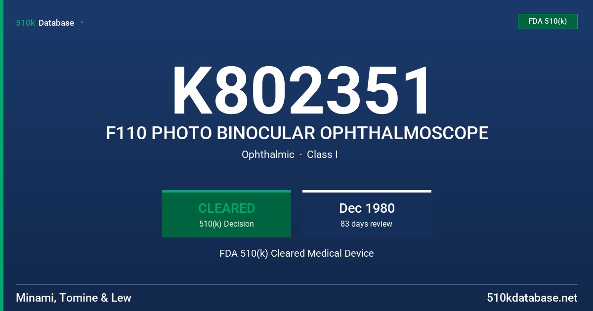 K802351 F110 PHOTO BINOCULAR OPHTHALMOSCOPE FDA 510(k) Cleared Medical Device