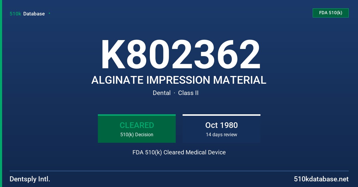 K802362 ALGINATE IMPRESSION MATERIAL FDA 510(k) Cleared Medical Device