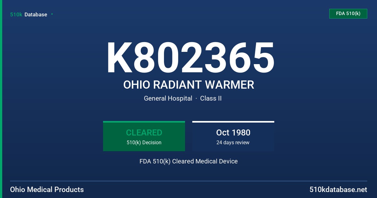 K802365 OHIO RADIANT WARMER FDA 510(k) Cleared Medical Device