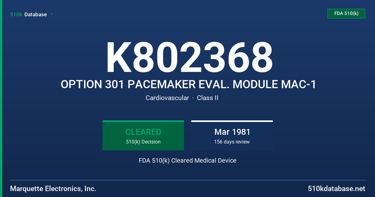 K802368 OPTION 301 PACEMAKER EVAL. MODULE MAC-1 FDA 510(k) Cleared Medical Device