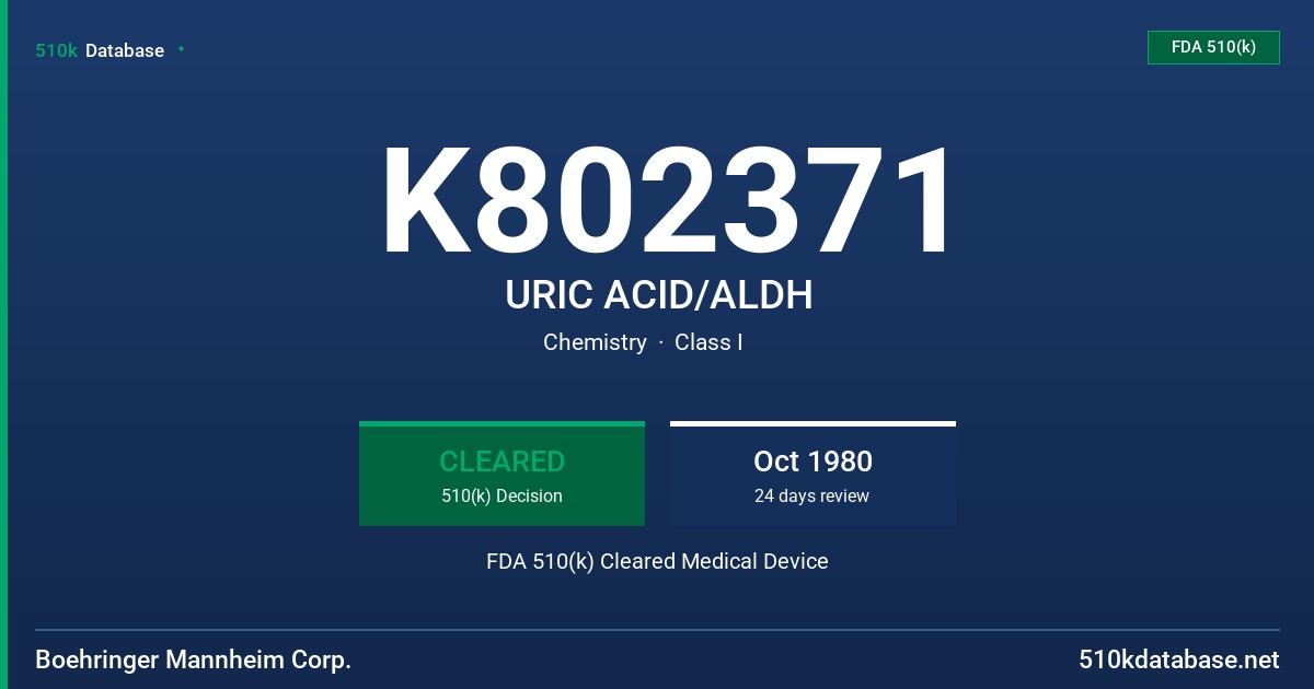 K802371 URIC ACID/ALDH FDA 510(k) Cleared Medical Device