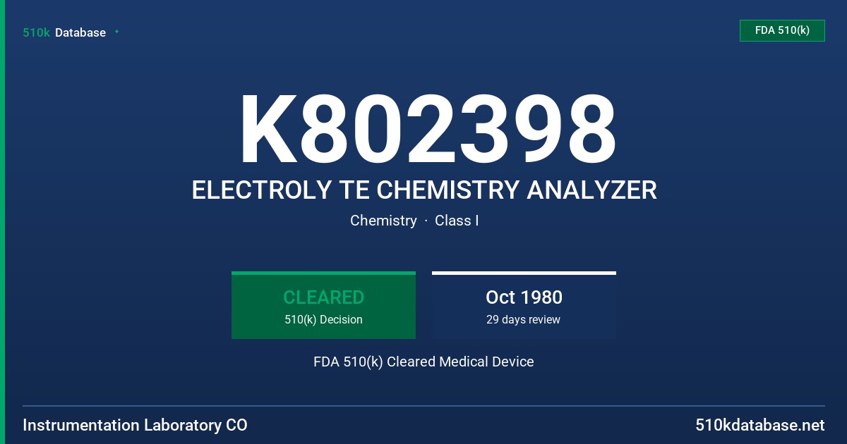 K802398 ELECTROLY TE CHEMISTRY ANALYZER FDA 510(k) Cleared Medical Device