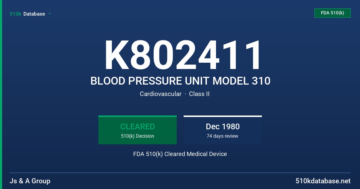 K802411 BLOOD PRESSURE UNIT MODEL 310 FDA 510(k) Cleared Medical Device