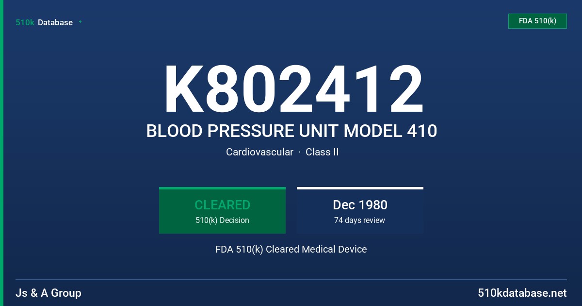K802412 BLOOD PRESSURE UNIT MODEL 410 FDA 510(k) Cleared Medical Device
