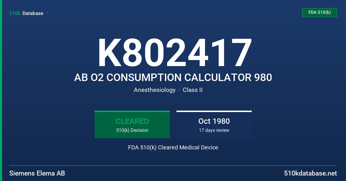 K802417 AB O2 CONSUMPTION CALCULATOR 980 FDA 510(k) Cleared Medical Device