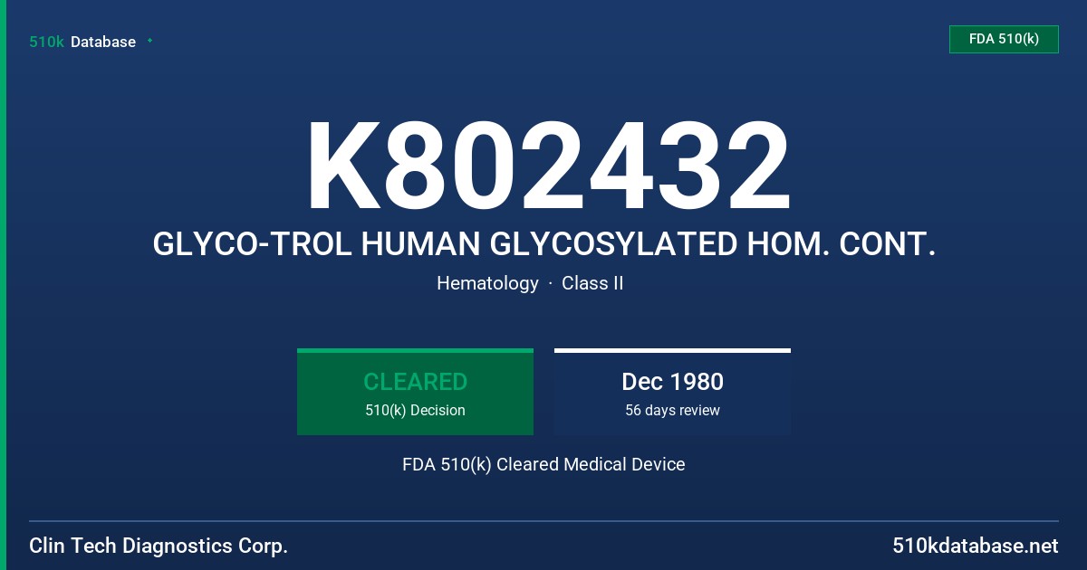 K802432 GLYCO-TROL HUMAN GLYCOSYLATED HOM. CONT. FDA 510(k) Cleared Medical Device