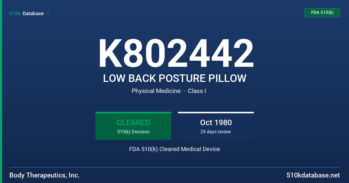 K802442 LOW BACK POSTURE PILLOW FDA 510(k) Cleared Medical Device