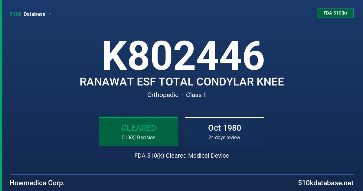 K802446 RANAWAT ESF TOTAL CONDYLAR KNEE FDA 510(k) Cleared Medical Device