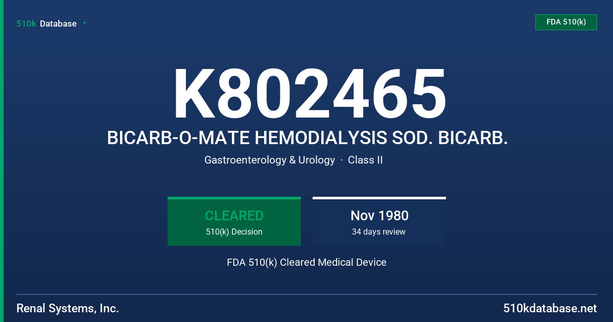 K802465 BICARB-O-MATE HEMODIALYSIS SOD. BICARB. FDA 510(k) Cleared Medical Device