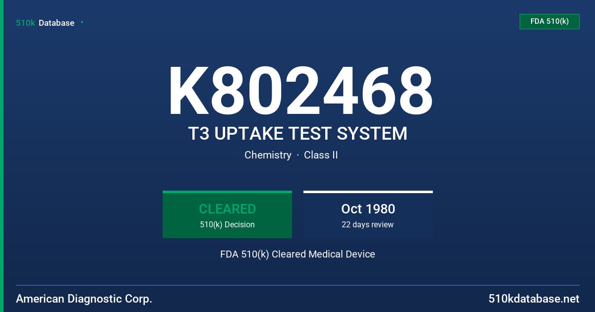 K802468 T3 UPTAKE TEST SYSTEM FDA 510(k) Cleared Medical Device
