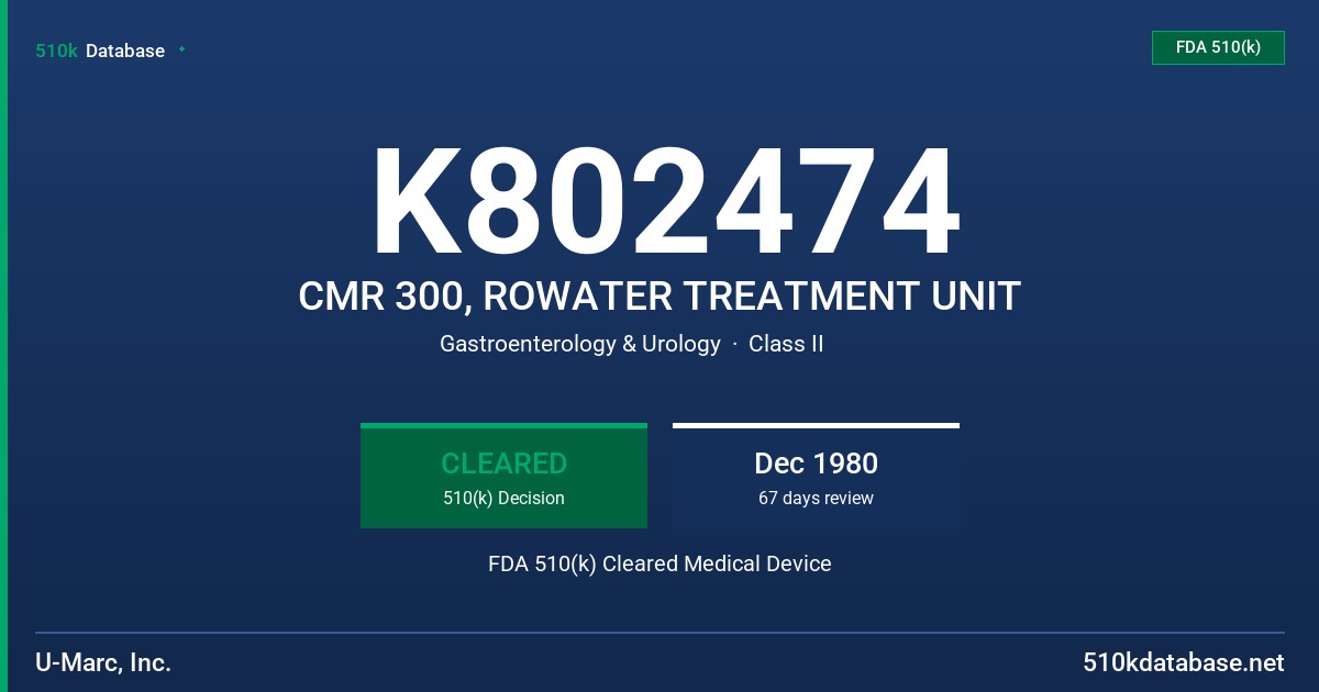 K802474 CMR 300, ROWATER TREATMENT UNIT FDA 510(k) Cleared Medical Device