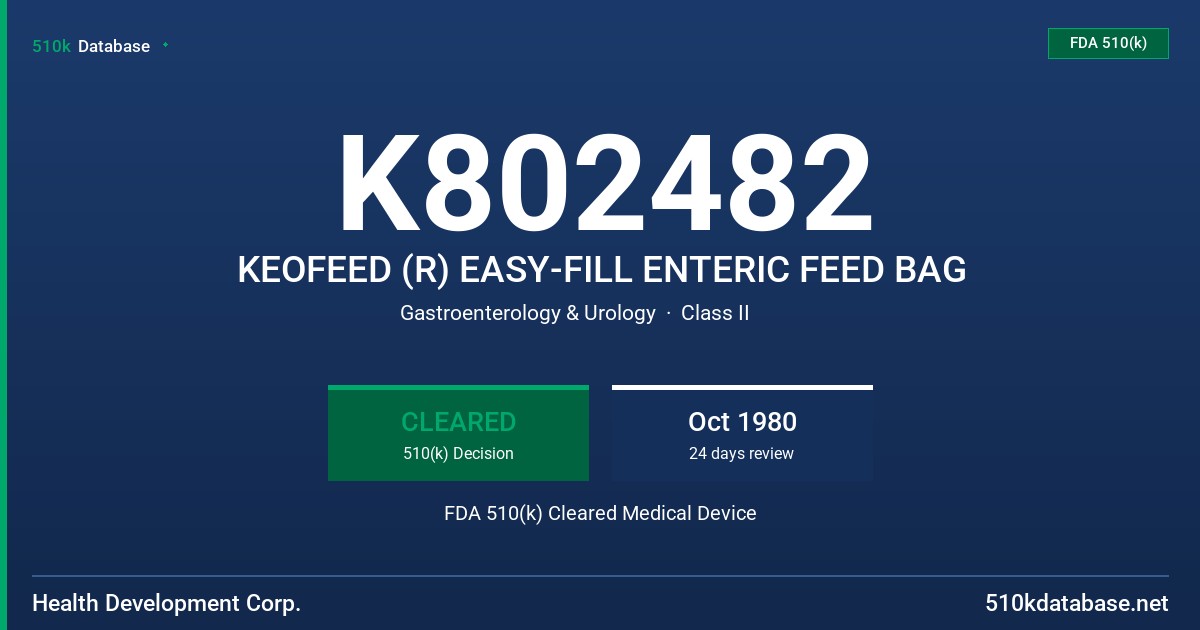 K802482 KEOFEED (R) EASY-FILL ENTERIC FEED BAG FDA 510(k) Cleared Medical Device
