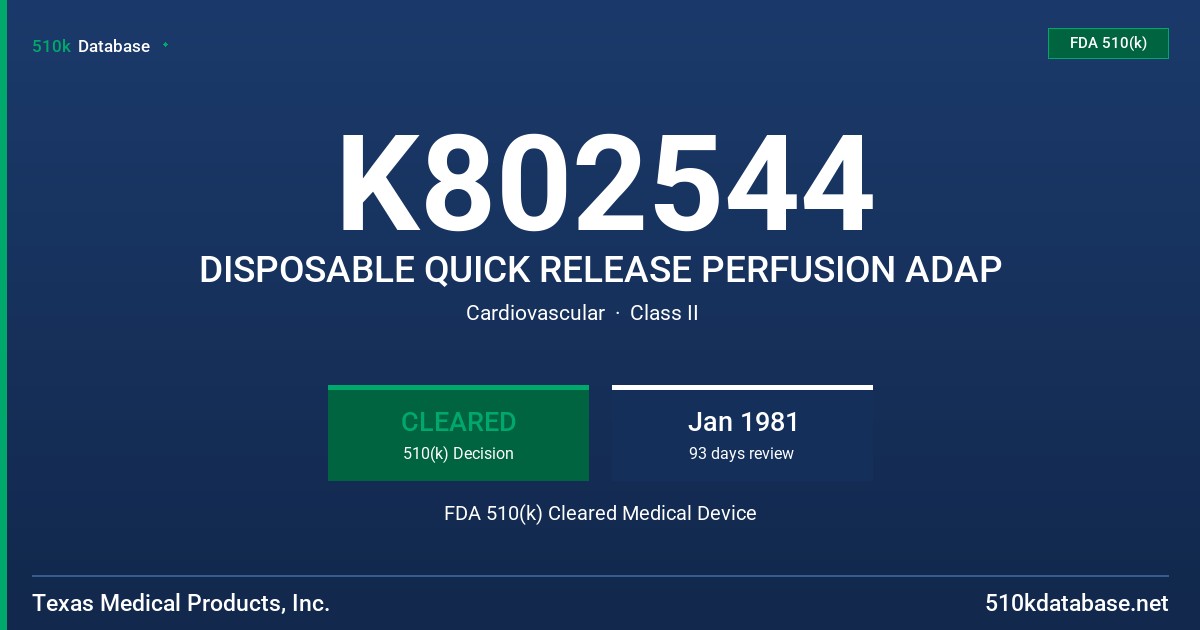 K802544 DISPOSABLE QUICK RELEASE PERFUSION ADAP FDA 510(k) Cleared Medical Device