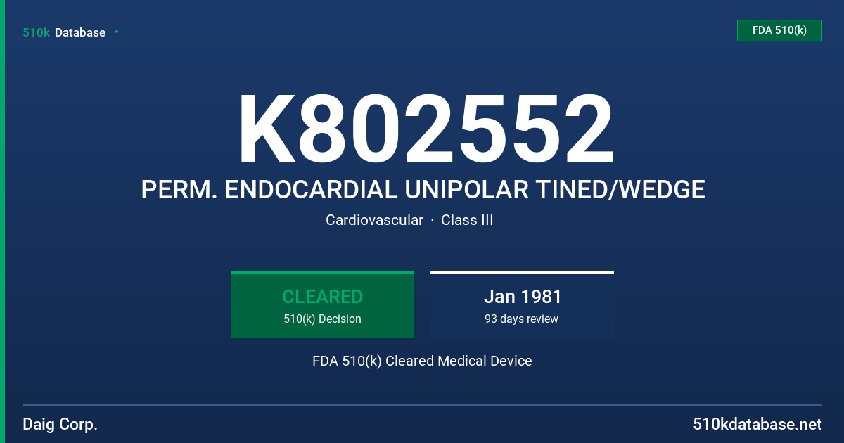 K802552 PERM. ENDOCARDIAL UNIPOLAR TINED/WEDGE FDA 510(k) Cleared Medical Device
