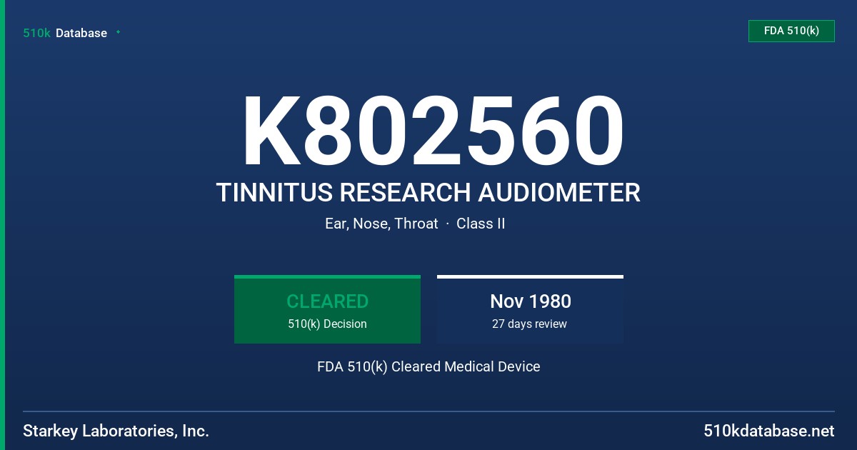K802560 TINNITUS RESEARCH AUDIOMETER FDA 510(k) Cleared Medical Device