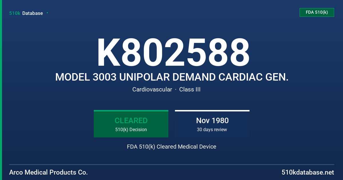 K802588 MODEL 3003 UNIPOLAR DEMAND CARDIAC GEN. FDA 510(k) Cleared Medical Device