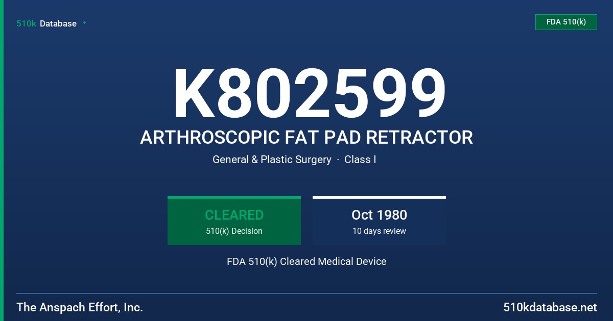 K802599 ARTHROSCOPIC FAT PAD RETRACTOR FDA 510(k) Cleared Medical Device