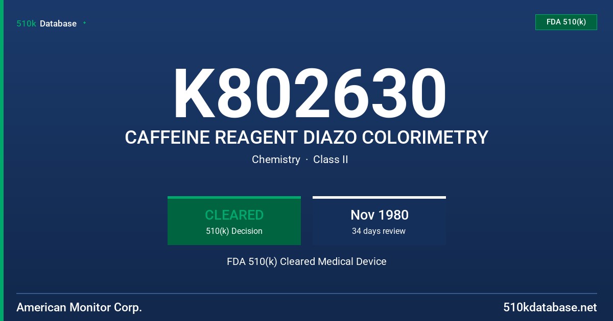K802630 CAFFEINE REAGENT DIAZO COLORIMETRY FDA 510(k) Cleared Medical Device