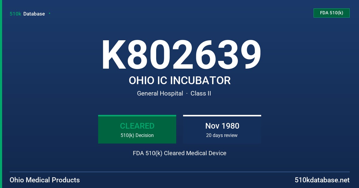 K802639 OHIO IC INCUBATOR FDA 510(k) Cleared Medical Device