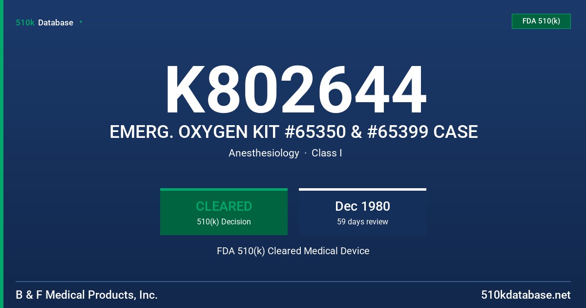 K802644 EMERG. OXYGEN KIT #65350 & #65399 CASE FDA 510(k) Cleared Medical Device
