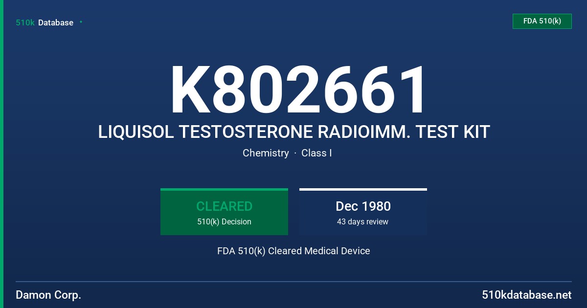 K802661 LIQUISOL TESTOSTERONE RADIOIMM. TEST KIT FDA 510(k) Cleared Medical Device