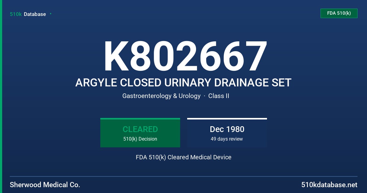 K802667 ARGYLE CLOSED URINARY DRAINAGE SET FDA 510(k) Cleared Medical Device