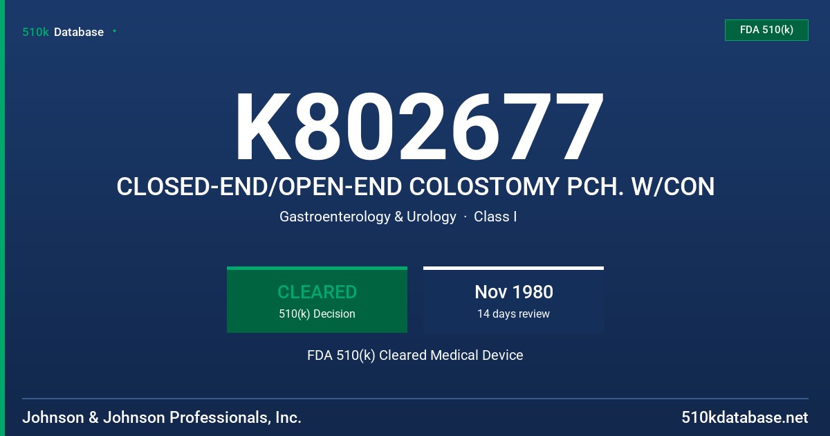 K802677 CLOSED-END/OPEN-END COLOSTOMY PCH. W/CON FDA 510(k) Cleared Medical Device