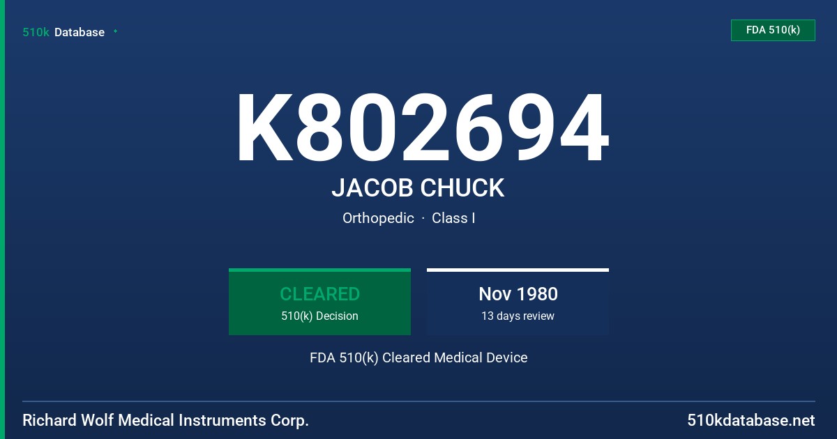K802694 JACOB CHUCK FDA 510(k) Cleared Medical Device