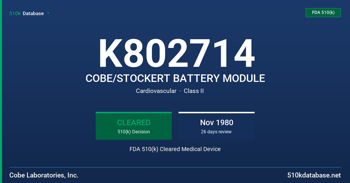K802714 COBE/STOCKERT BATTERY MODULE FDA 510(k) Cleared Medical Device