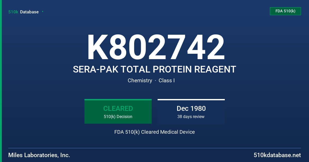 K802742 SERA-PAK TOTAL PROTEIN REAGENT FDA 510(k) Cleared Medical Device