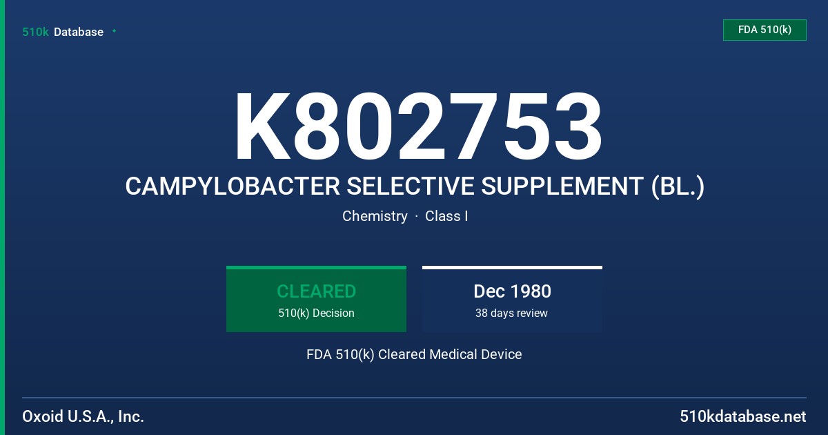 K802753 CAMPYLOBACTER SELECTIVE SUPPLEMENT (BL.) FDA 510(k) Cleared Medical Device