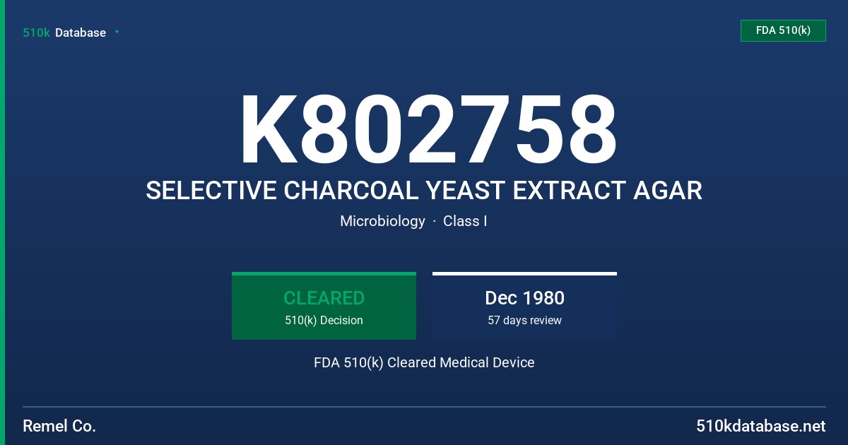 K802758 SELECTIVE CHARCOAL YEAST EXTRACT AGAR FDA 510(k) Cleared Medical Device