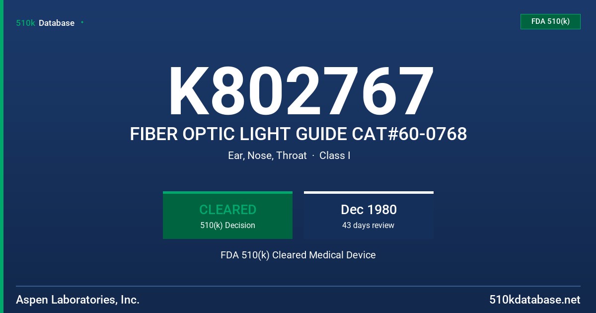 K802767 FIBER OPTIC LIGHT GUIDE CAT#60-0768 FDA 510(k) Cleared Medical Device