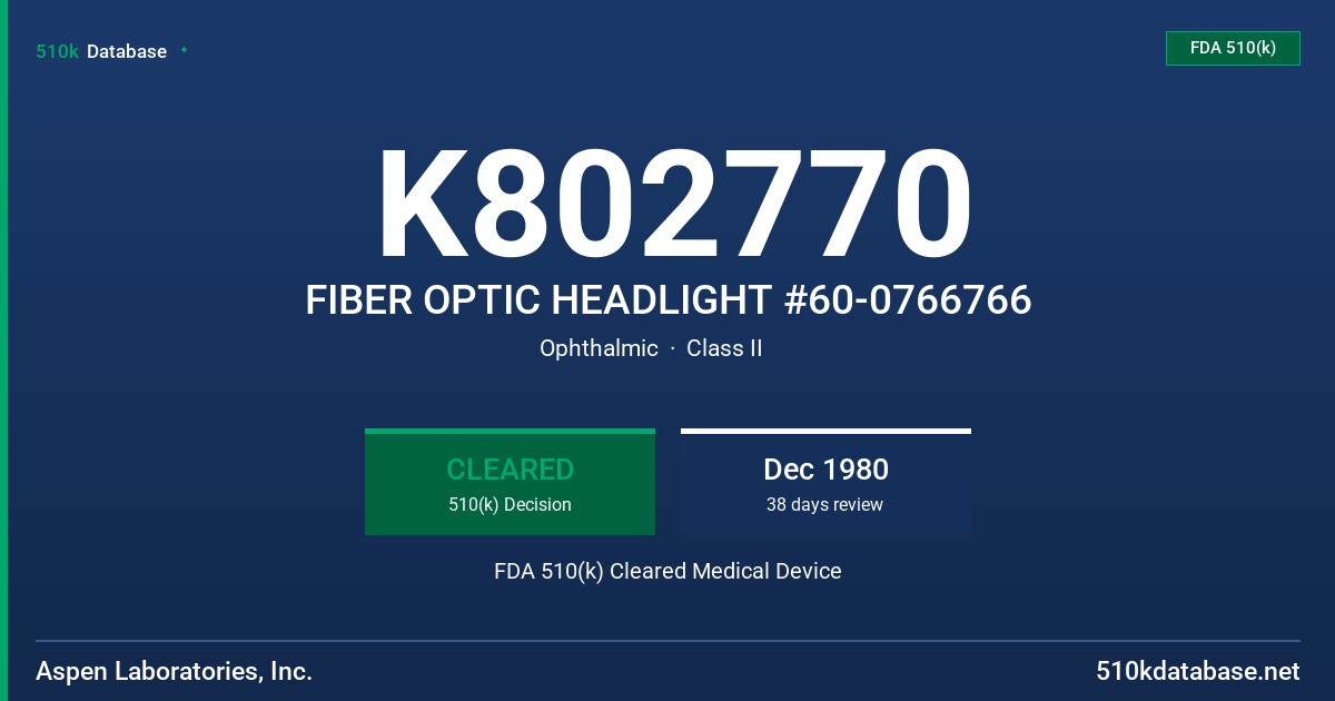 K802770 FIBER OPTIC HEADLIGHT #60-0766766 FDA 510(k) Cleared Medical Device