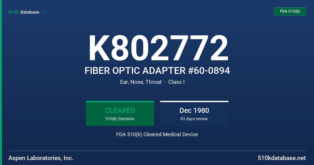 K802772 FIBER OPTIC ADAPTER #60-0894 FDA 510(k) Cleared Medical Device