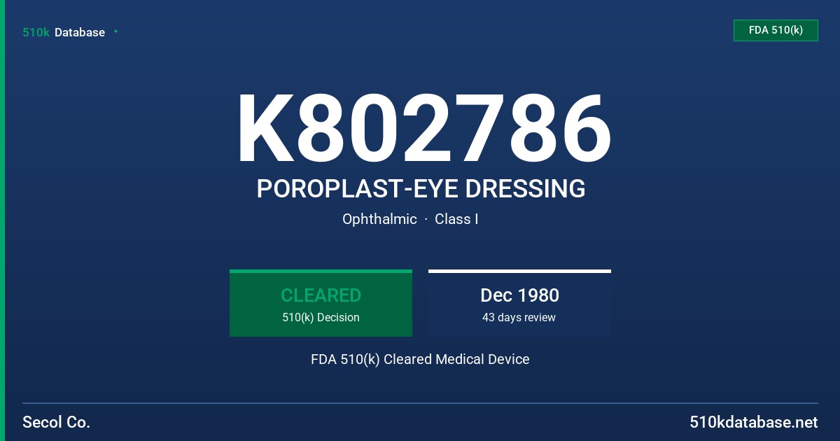 K802786 POROPLAST-EYE DRESSING FDA 510(k) Cleared Medical Device