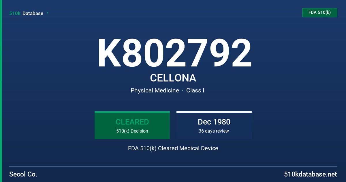K802792 CELLONA FDA 510(k) Cleared Medical Device