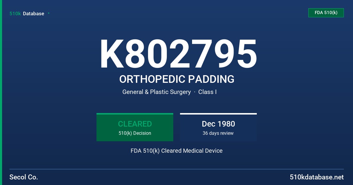 K802795 ORTHOPEDIC PADDING FDA 510(k) Cleared Medical Device