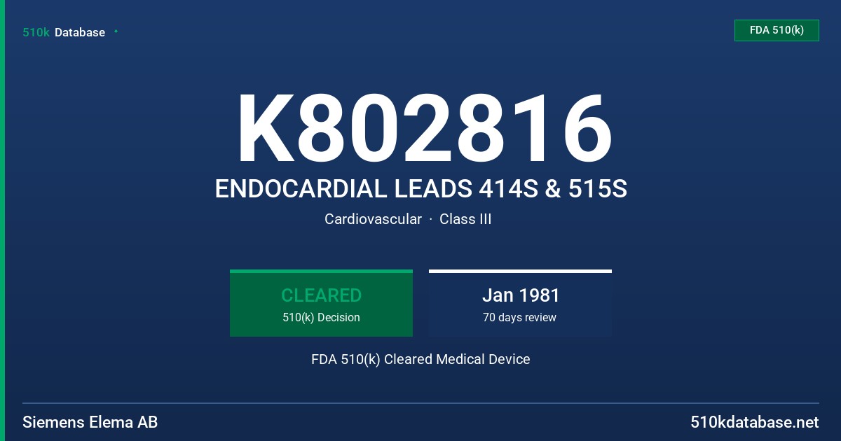 K802816 ENDOCARDIAL LEADS 414S & 515S FDA 510(k) Cleared Medical Device