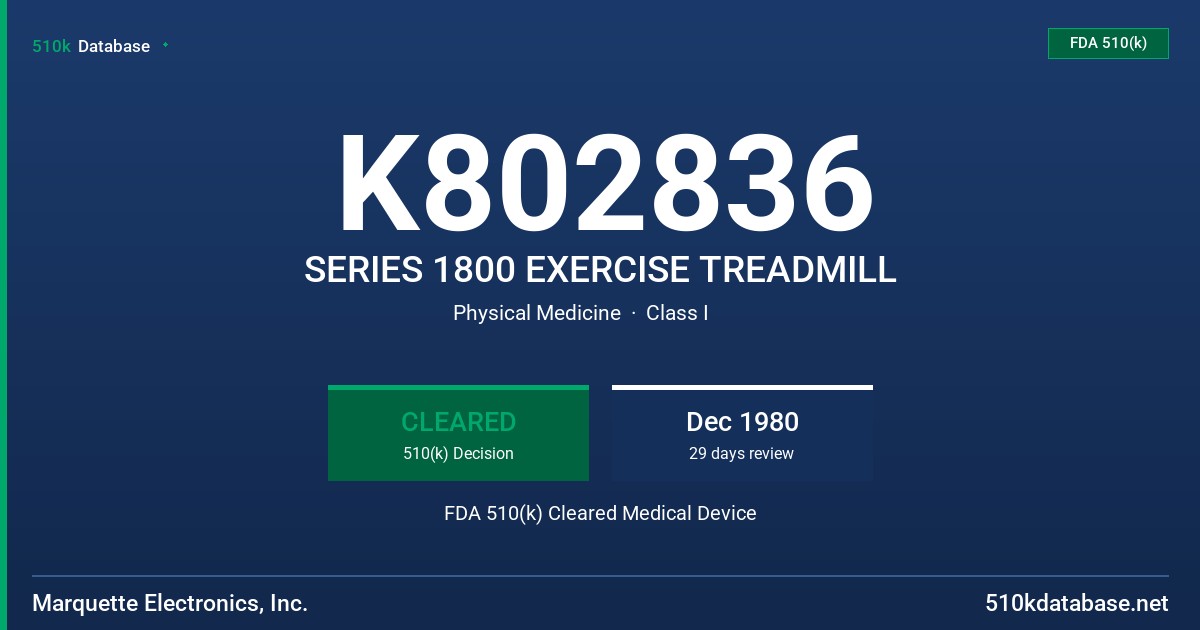 K802836 SERIES 1800 EXERCISE TREADMILL FDA 510(k) Cleared Medical Device