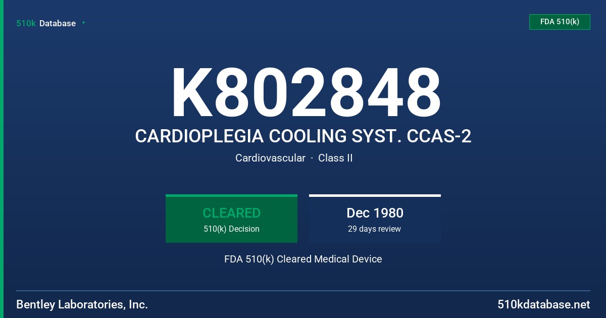 K802848 CARDIOPLEGIA COOLING SYST. CCAS-2 FDA 510(k) Cleared Medical Device