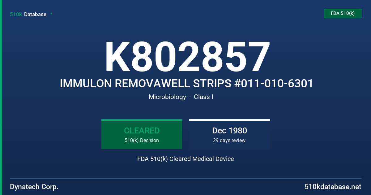 K802857 IMMULON REMOVAWELL STRIPS #011-010-6301 FDA 510(k) Cleared Medical Device