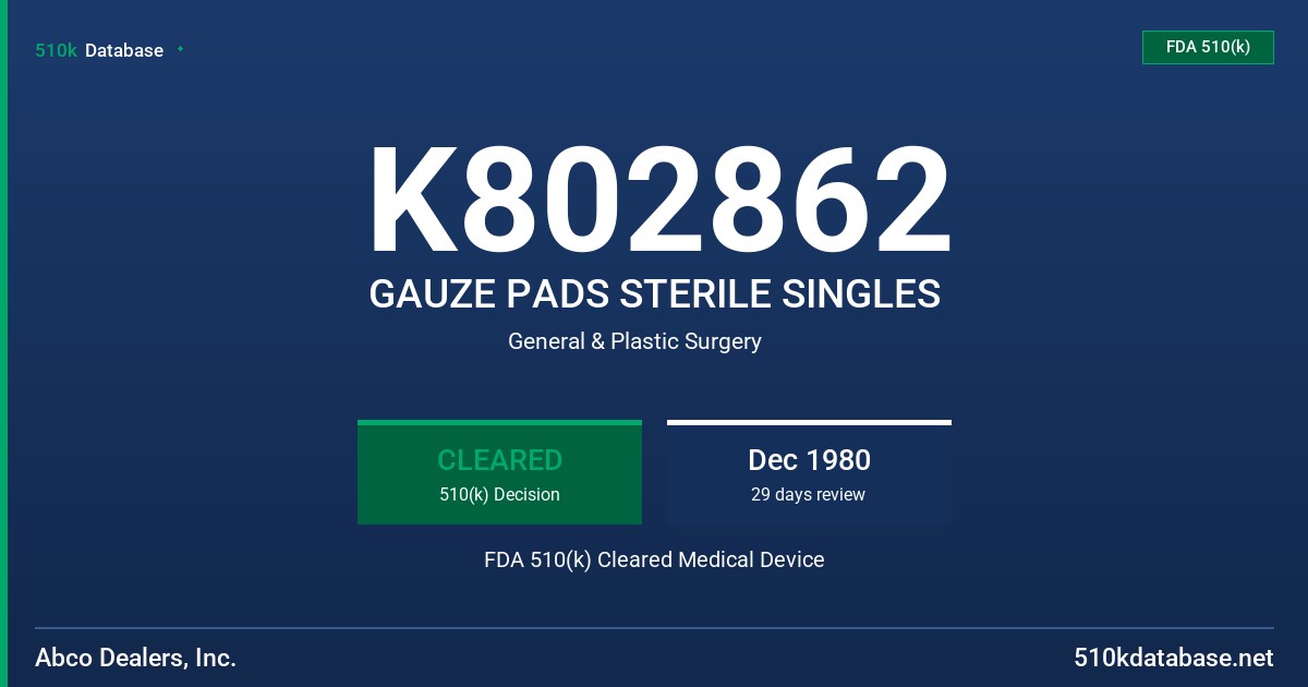 K802862 GAUZE PADS STERILE SINGLES FDA 510(k) Cleared Medical Device