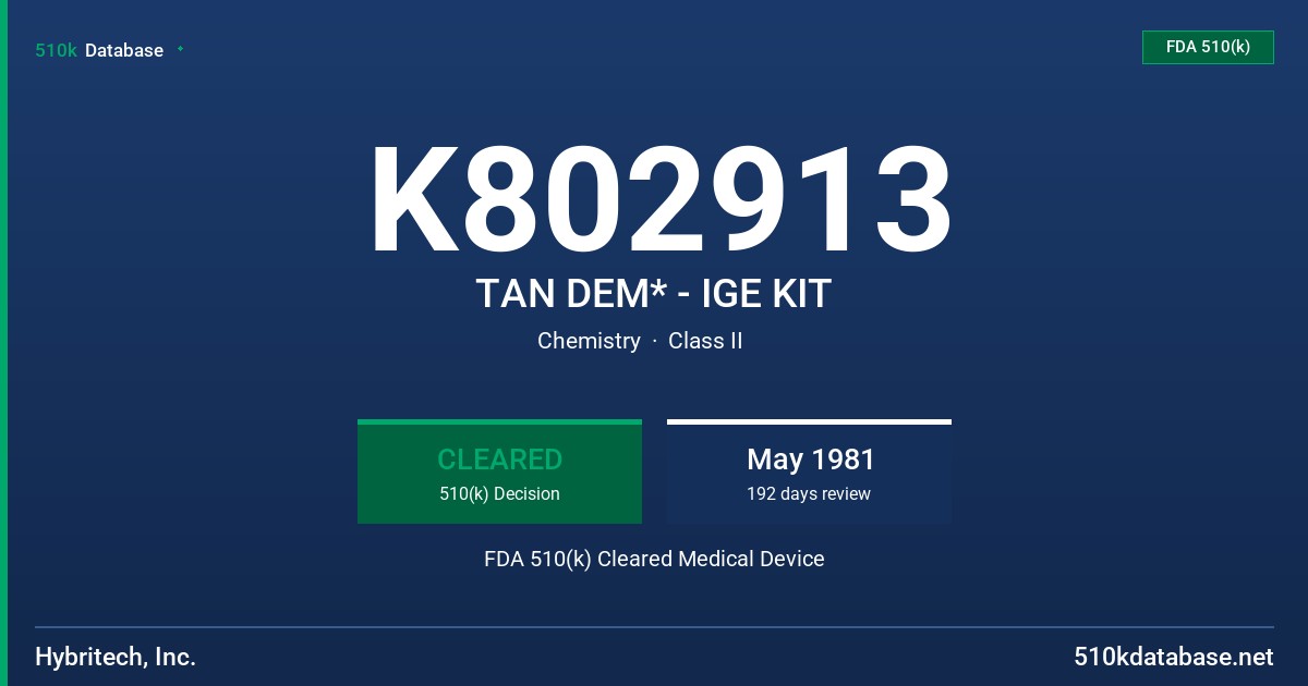 K802913 TAN DEM* - IGE KIT FDA 510(k) Cleared Medical Device