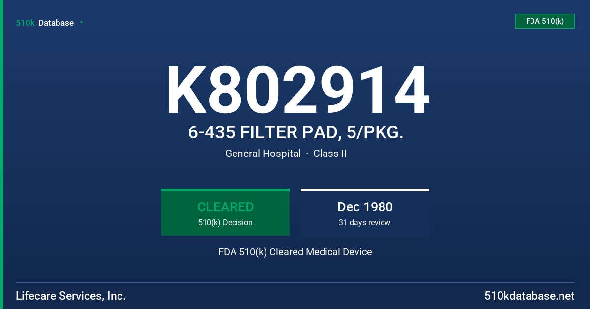 K802914 6-435 FILTER PAD, 5/PKG. FDA 510(k) Cleared Medical Device